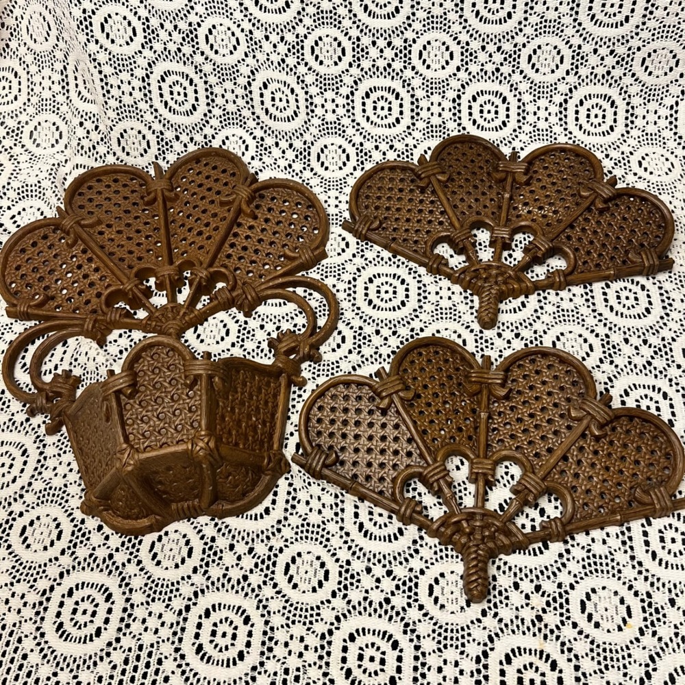 Vintage Burwood Molded Plastic Faux Wicker Fan Wall Décor | Set of 3 | Boho